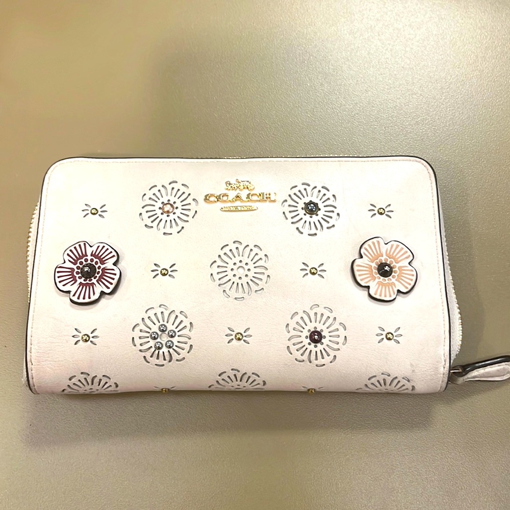 Cream Colored Coach Original Wallet (Medium) with Beaded Flowers